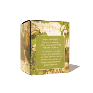 Sprouting Pastures 85ml Ink by Ferris Wheel Press in decorative green floral packaging angle view