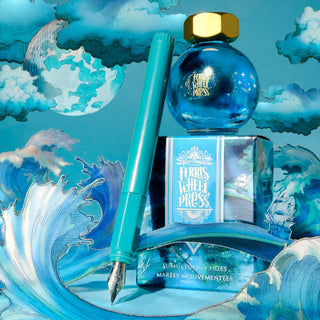 Tumultuous Tides Fountain Pen Inks - 20ml Bottled by Ferris Wheel Press with teal pen and ocean wave design