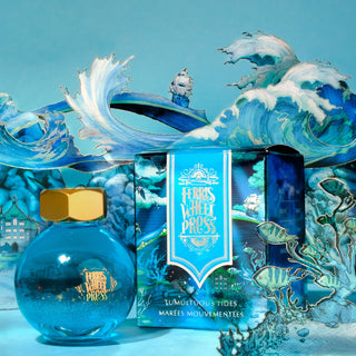 Tumultuous Tides Fountain Pen Inks - 20ml Bottled with ocean wave art and detailed blue packaging by Ferris Wheel Press
