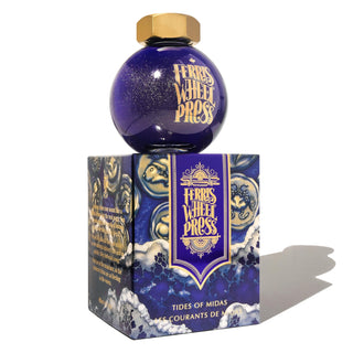 Tides of Midas 85ml Ink by Ferris Wheel Press in a glossy purple spherical bottle with gold cap on box