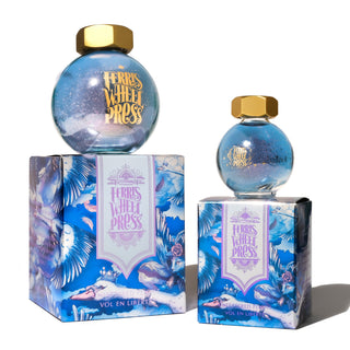 Unfettered Flight Fountain Pen Inks - 20ml Bottled with gold cap on decorative blue Ferris Wheel Press box
