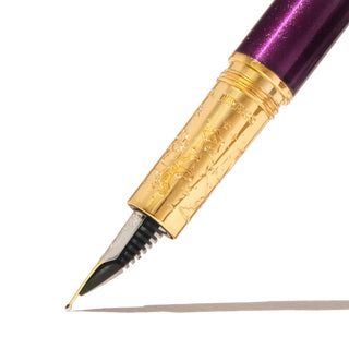 The Bijou Fountain Pen - Whispers of Twilight | Ferris Wheel Press purple body with gold engraved grip and fine nib detail