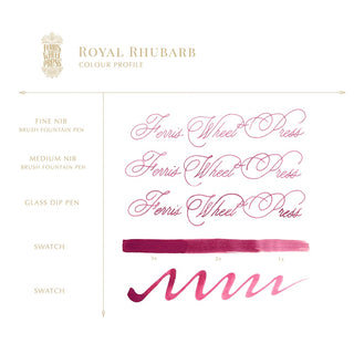 Royal Rhubarb | 38ml Ink | Ferris Wheel Press showing calligraphy samples and color swatches in deep red tone