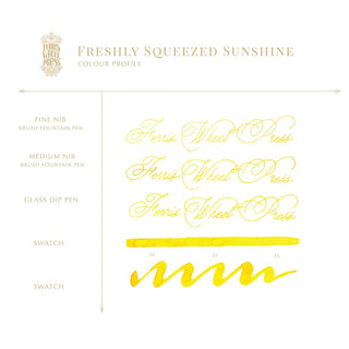 Freshly Squeezed Sunshine | 38ml Ink | Ferris Wheel Press showing yellow ink swatches and calligraphy samples