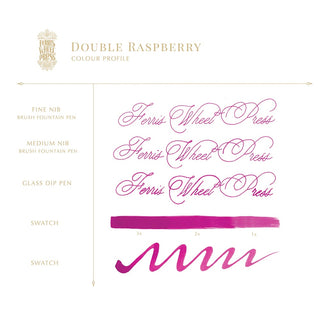 Double Raspberry | 38ml Ink | Ferris Wheel Press showing calligraphy samples and color swatches in magenta