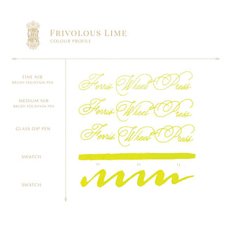 Frivolous Lime | 38ml Ink | Ferris Wheel Press calligraphy samples and brush stroke swatches in lime green