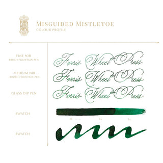 Misguided Mistletoe | 38ml Ink | Ferris Wheel Press showcasing green ink calligraphy samples and swatches