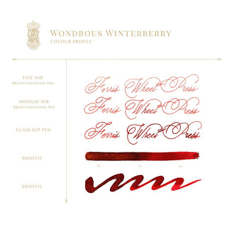 Wondrous Winterberry | 38ml Ink | Ferris Wheel Press showing red ink calligraphy samples and swatches