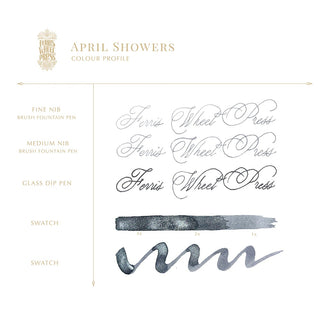 April Showers | 38ml Ink | Ferris Wheel Press showing elegant calligraphy and ink swatches on white background