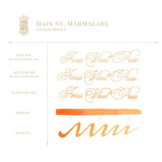 Main St. Marmalade | 38ml Ink | Ferris Wheel Press swatch showing orange ink shades and calligraphy styles