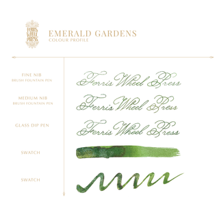 Emerald Gardens Fountain Pen Inks - 20ml Bottled | Ferris Wheel Press handwritten script and green ink swatches on white background