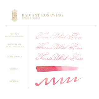 Radiant Rosewing Fountain Pen Inks - 85ml Bottled Ferris Wheel Press pink ink swatches and calligraphy samples