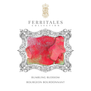Bumbling Blossom Fountain Pen Inks -  20ml Bottled | Ferris Wheel Press red and gold shimmer ink swatch with ornate frame