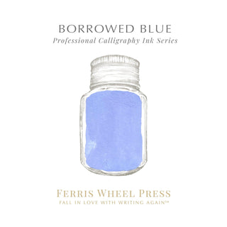 28ml Calligraphy Ink - Borrowed Blue | Ferris Wheel Press showing translucent blue ink in clear glass jar