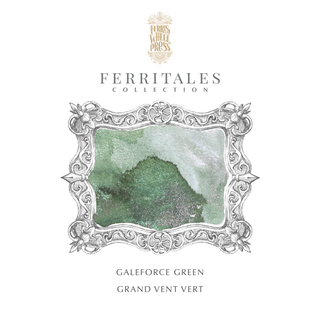 Galeforce Green Fountain Pen Inks - 85ml Bottled | Ferris Wheel Press swatch with textured green and silver shimmer