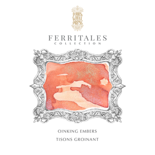 Oinking Embers Fountain Pen Inks - 20ml Bottled by Ferris Wheel Press with textured orange and gold ink swatch