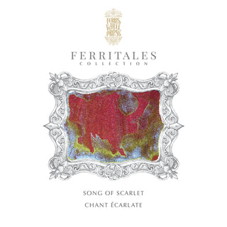 Song of Scarlet Fountain Pen Inks -  20ml Bottled | Ferris Wheel Press shimmering red and gold ink swatch with decorative frame