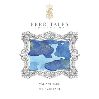 Valiant Blue Fountain Pen Inks - 20ml Bottled by Ferris Wheel Press showcasing blue ink with gold shimmer in decorative frame