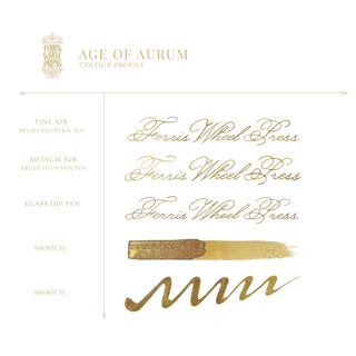 Age of Aurum Fountain Pen Inks - 20ml Bottled | Ferris Wheel Press gold ink strokes and calligraphy samples