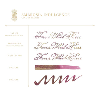 Ambrosia Indulgence | 85ml Ink | Ferris Wheel Press showcasing calligraphy samples and rich plum color swatches