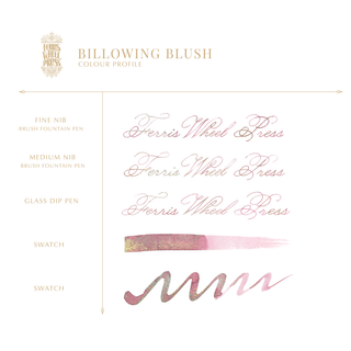 Billowing Blush Fountain Pen Inks - 85ml Bottled | Ferris Wheel Press pale pink ink samples with gold shimmer highlights