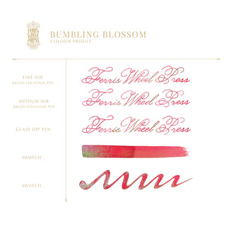 Bumbling Blossom Fountain Pen Inks -  20ml Bottled | Ferris Wheel Press showing red ink calligraphy and swatches on white background