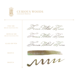 Curious Woods Fountain Pen Inks - 10ml Bottled | Ferris Wheel Press shows ink color swatches and calligraphy samples