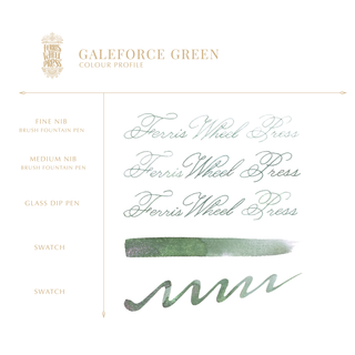 Galeforce Green Fountain Pen Inks - 20ml Bottled | Ferris Wheel Press calligraphy samples and ink swatches on white background