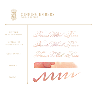Oinking Embers Fountain Pen Inks - 20ml Bottled | Ferris Wheel Press showcasing bronze ink calligraphy samples and swatches