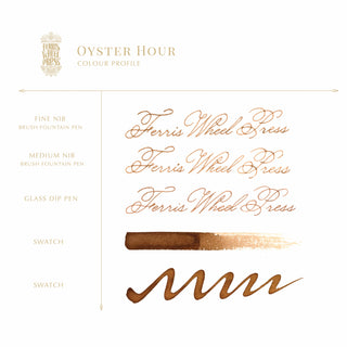 Oyster Hour | 38ml Ink | Ferris Wheel Press showing warm brown ink swatches and calligraphy samples
