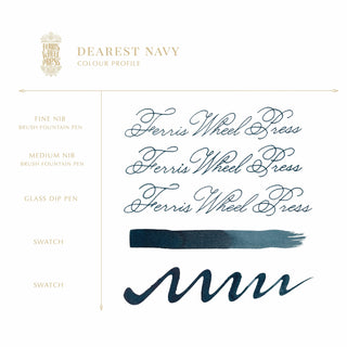 Dearest Navy Fountain Pen Inks - 10ml Bottled | Ferris Wheel Press navy ink color samples with calligraphy strokes and swatches