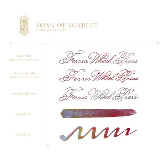 Song of Scarlet Fountain Pen Inks - 20ml Bottled showing ink color swatches and calligraphy samples by Ferris Wheel Press