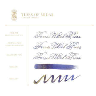 Tides of Midas Fountain Pen Inks - 10ml Bottled | Ferris Wheel Press blue and gold ink calligraphy samples and swatches