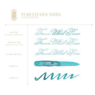 Tumultuous Tides Fountain Pen Inks -  20ml Bottled | Ferris Wheel Press blue ink calligraphy and swatch samples on white background