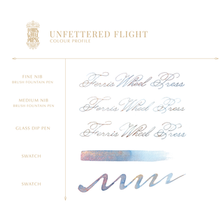 Unfettered Flight Fountain Pen Inks - 20ml Bottled | Ferris Wheel Press showing color swatches and calligraphy samples