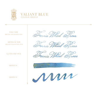 Valiant Blue Fountain Pen Inks - 20ml Bottled | Ferris Wheel Press showing ink strokes and script samples