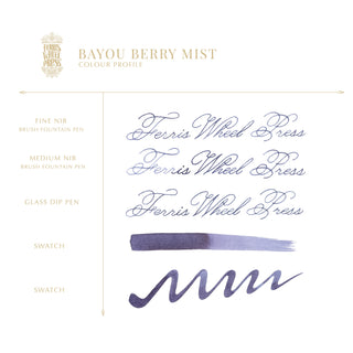 Bayou Berry Mist | 38ml Ink | Ferris Wheel Press showing blue-purple ink writing samples and swatches on white background