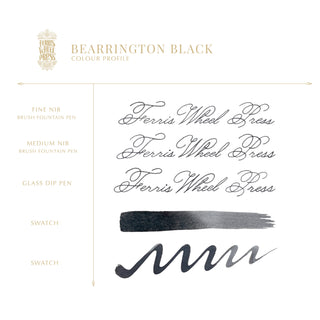 Bearrington Black | 38ml Ink | Ferris Wheel Press showing calligraphy styles and ink swatches on white background