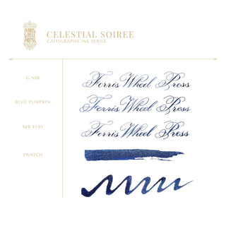 28ml Calligraphy Ink - Celestial Soiree | Ferris Wheel Press blue ink swatch and elegant script samples