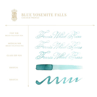 Blue Yosemite Falls | 38ml Ink | Ferris Wheel Press shown in script calligraphy and blue ink swatches