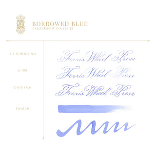 28ml Calligraphy Ink - Borrowed Blue | Ferris Wheel Press with blue ink strokes and nib style samples