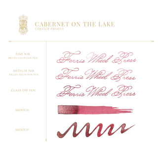 Cabernet on the Lake | 38ml Ink | Ferris Wheel Press showing calligraphy samples and color swatches in deep red hue