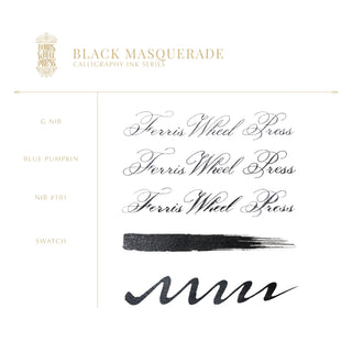 28ml Calligraphy Ink - Black Masquerade | Ferris Wheel Press showing black ink strokes and elegant script samples