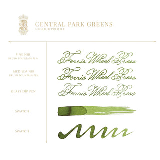 Central Park Greens | 38ml Ink | Ferris Wheel Press showing green ink calligraphy and brush stroke samples