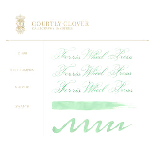 28ml Calligraphy Ink - Courtly Clover | Ferris Wheel Press showing mint green ink swatch and elegant script examples