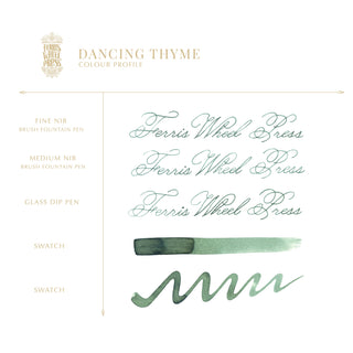 Dancing Thyme | 38ml Ink | Ferris Wheel Press in green calligraphy with brush and dip pen strokes