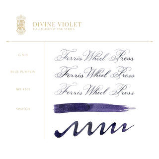 28ml Calligraphy Ink - Divine Violet | Ferris Wheel Press showing script samples and color swatch on white background