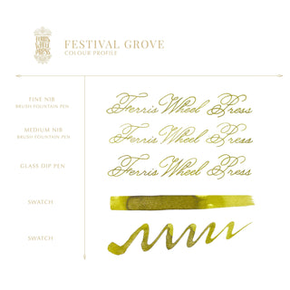 Festival Grove | 38ml Ink | Ferris Wheel Press golden olive ink samples on white paper with calligraphy strokes