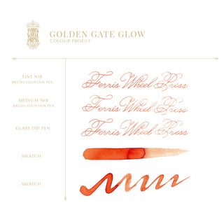 Golden Gate Glow | 38ml Ink | Ferris Wheel Press showing calligraphy and ink swatches in warm orange tones