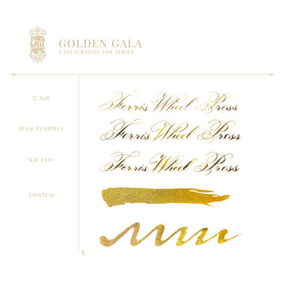28ml Calligraphy Ink - Golden Gala | Ferris Wheel Press golden ink swatch with elegant calligraphy samples